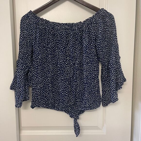 Express Dotted Tie Front Off Shoulder Dark Blue Blouse Polka Dot Top Size M - Picture 7 of 8